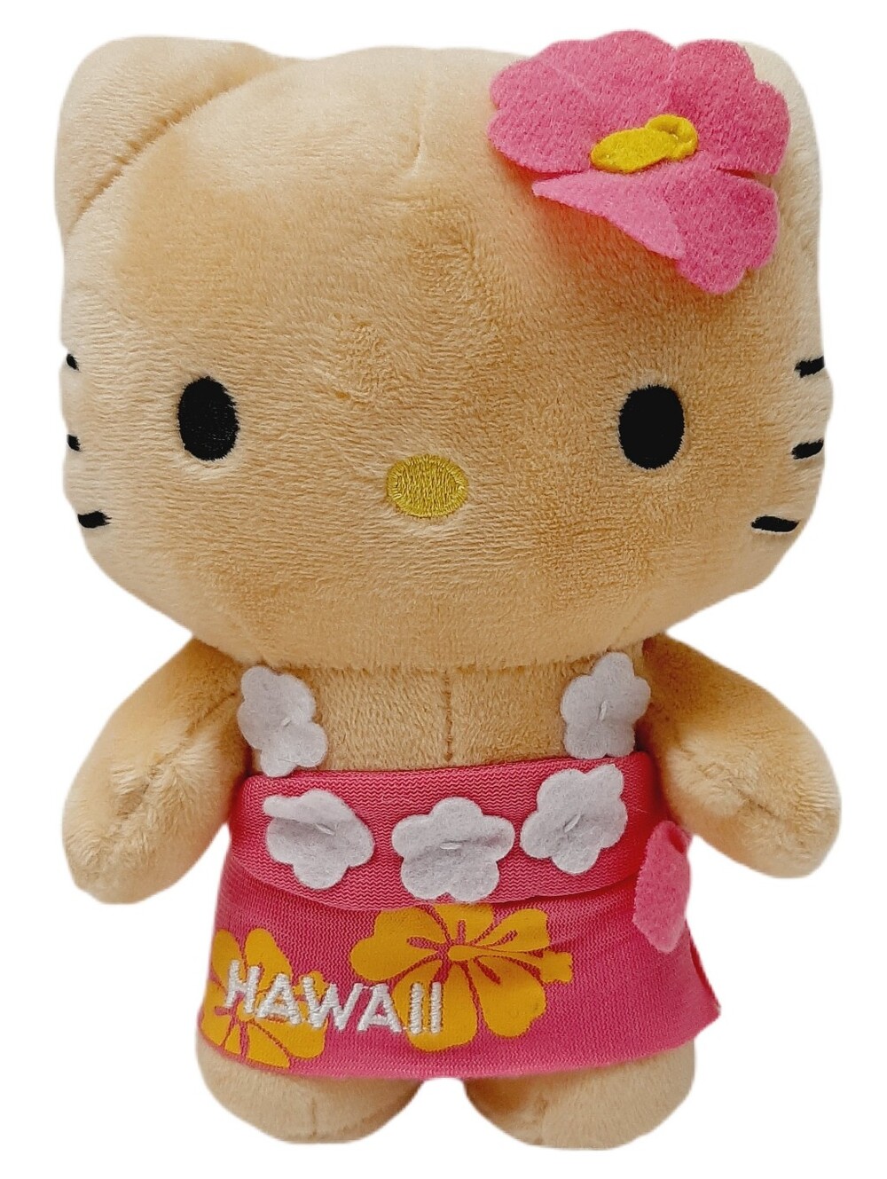 🍒 Sanrio Hello Kitty Hawaii Exclusive Tan Plush Sarong Pink Dress Flower 6" Toy